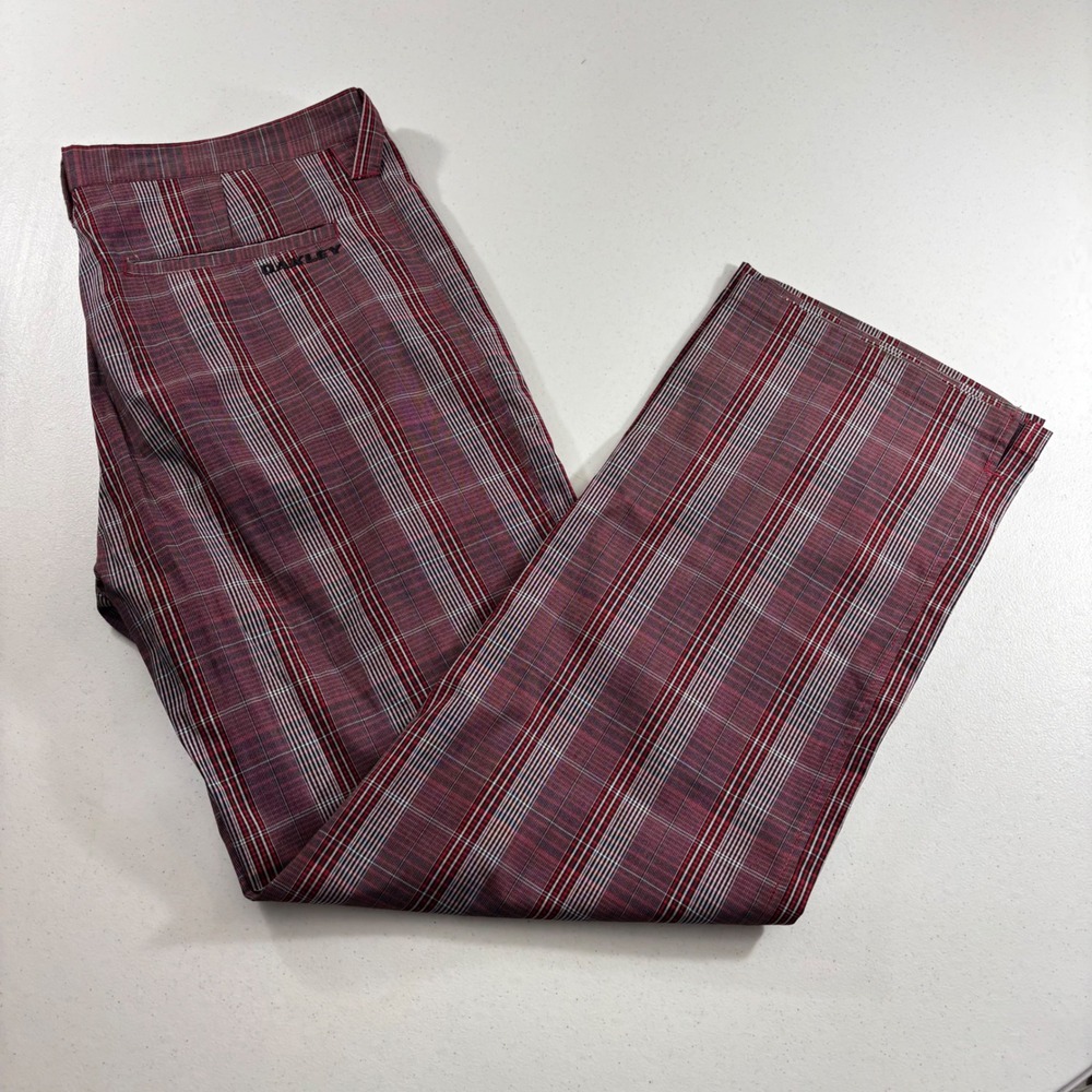 Oakley Mens Red Plaid Golf Pants 38W Straight Leg Stretch Trousers Check Pattern